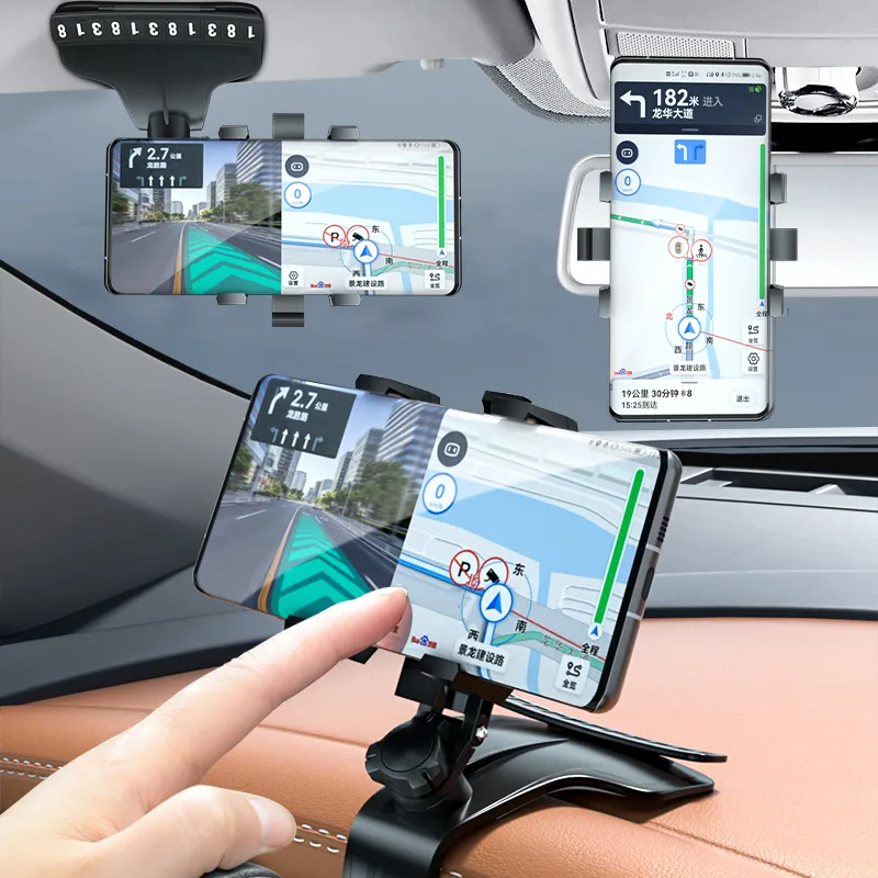 حامل موبايل دوار 360 للسيارة بمشبك للتعليق علي التابلوه والمرايات مدمج بجزء لعرض رقم الموبايل