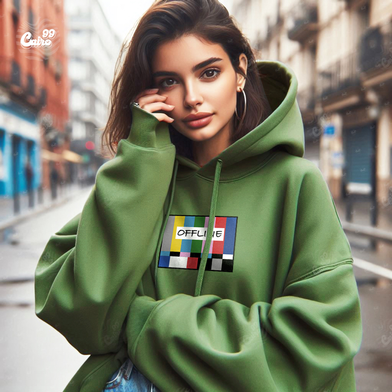 Off Line هودي اوفر سايز قطن للنساء باللون الزيتوني