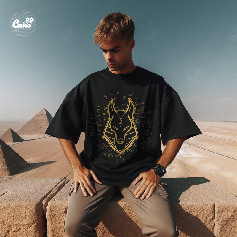 Golden Anubis تيشيرت اوفر سايز قطن باللون الاسود للرجال
