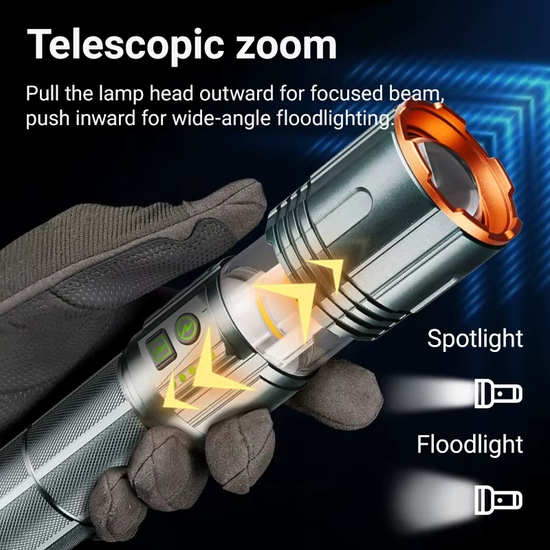 كشاف ليد يدوي ب 8 مستويات اضاءة قابل التعديل بخاصية الزوم قابل لاعادة الشحن بيو اس بي