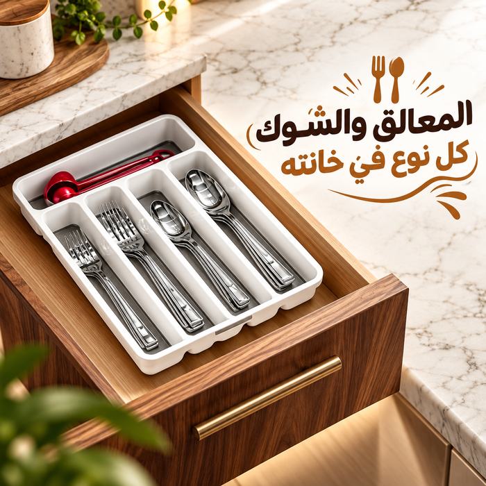 منظم لدرج المطبخ  مقسم 5 خانات لتنظيم المعالق والشوك والسكاكين