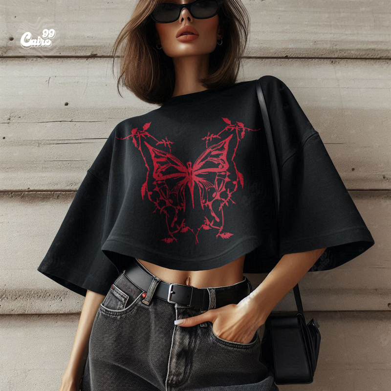 Red Butterfly كروب توب اوفر سايز باللون الاسود