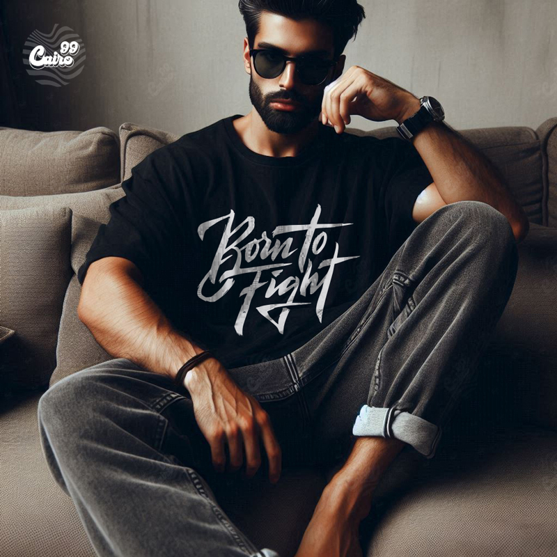 Born to Fight تيشيرت اوفر سايز قطن باللون الاسود للرجال