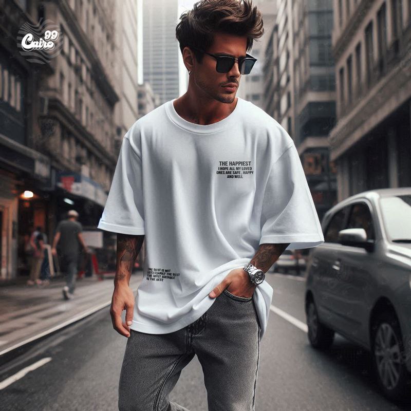 The Happiest I Hope All My Loved تيشيرت اوفر سايز قطن باللون الابيض للرجال