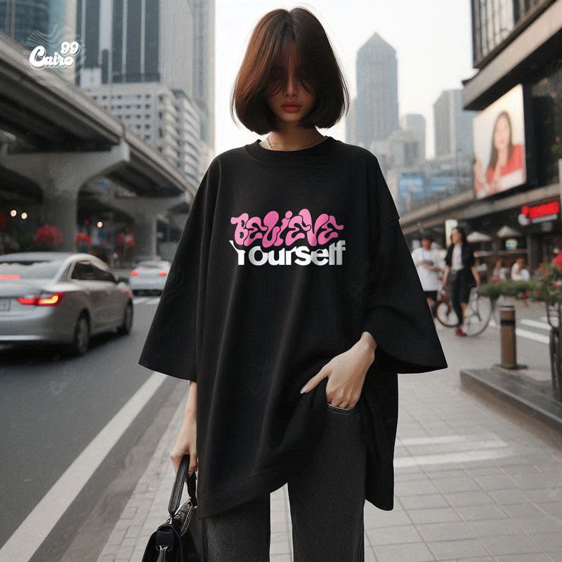 Believe Yourself تيشيرت اوفر سايز قطن باللون الاسود للنساء