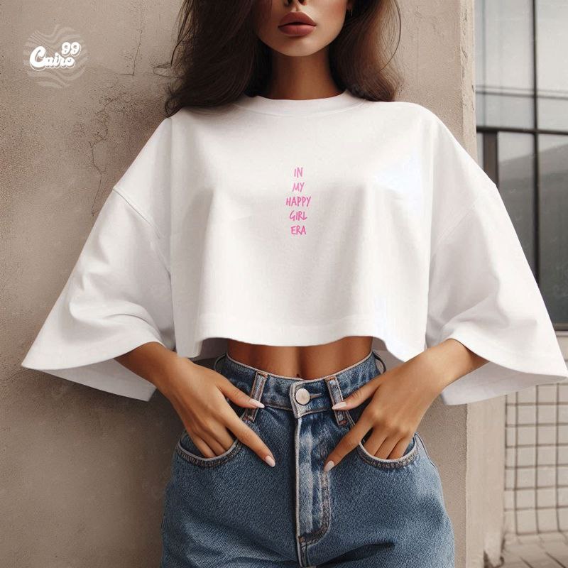 Happy Girl Era كروب توب اوفر سايز قطن باللون الأبيض