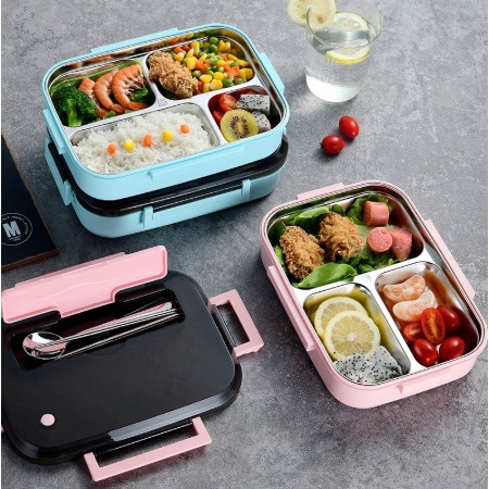 لانش بوكس حافظ للحرارة بغطاء محكم للغلق 3 اقسام مزود بمعلقة