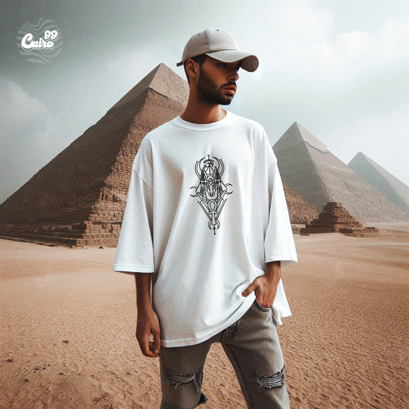 Anubis Awakens تيشيرت اوفر سايز قطن باللون الابيض للرجال