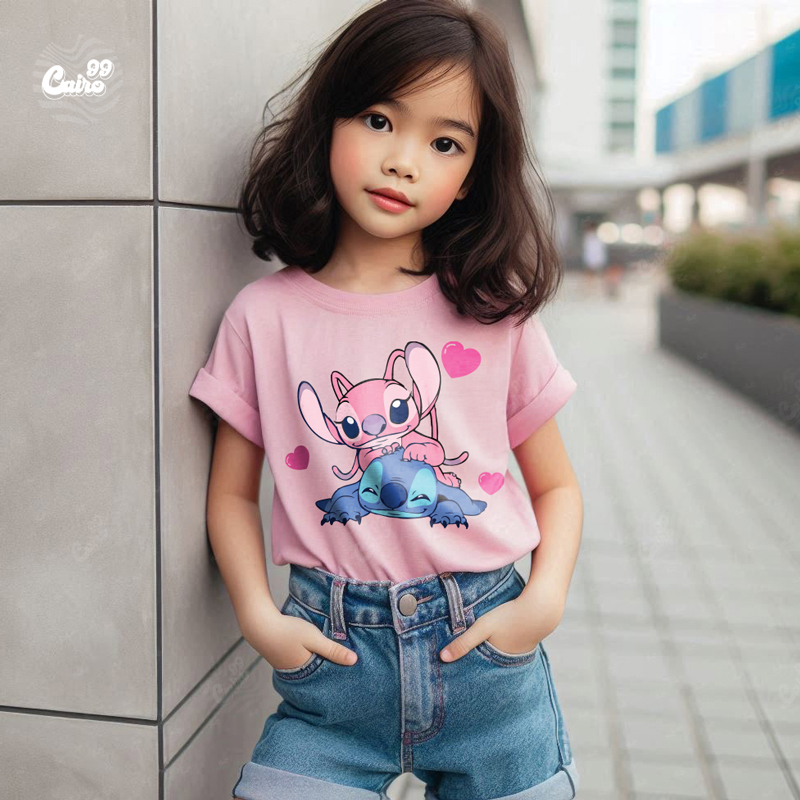 Stitch &amp; Angel Vibes تيشيرت اطفال قطن باللون البينك