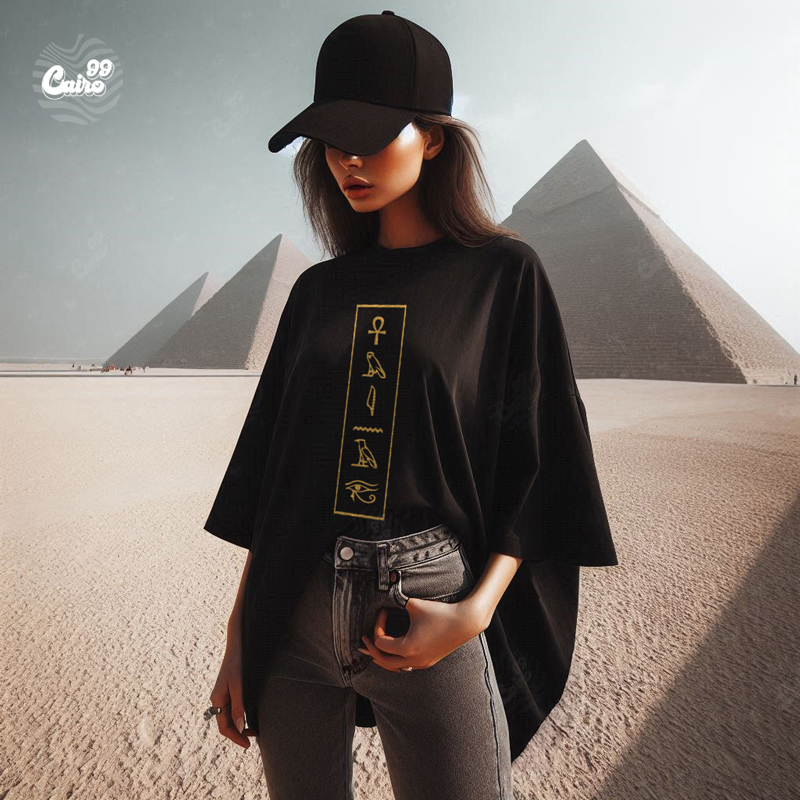Hieroglyphics Words  تيشيرت اوفر سايز قطن باللون الاسود