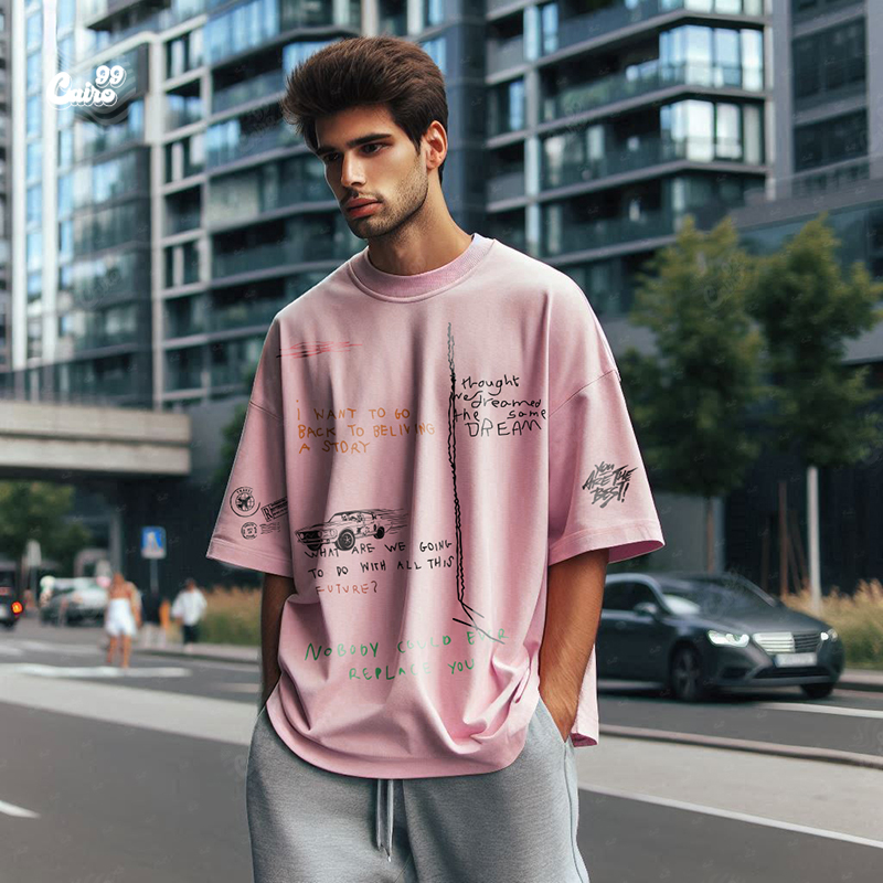 Random Designs تيشيرت اوفر سايز قطن باللون البينك للرجال