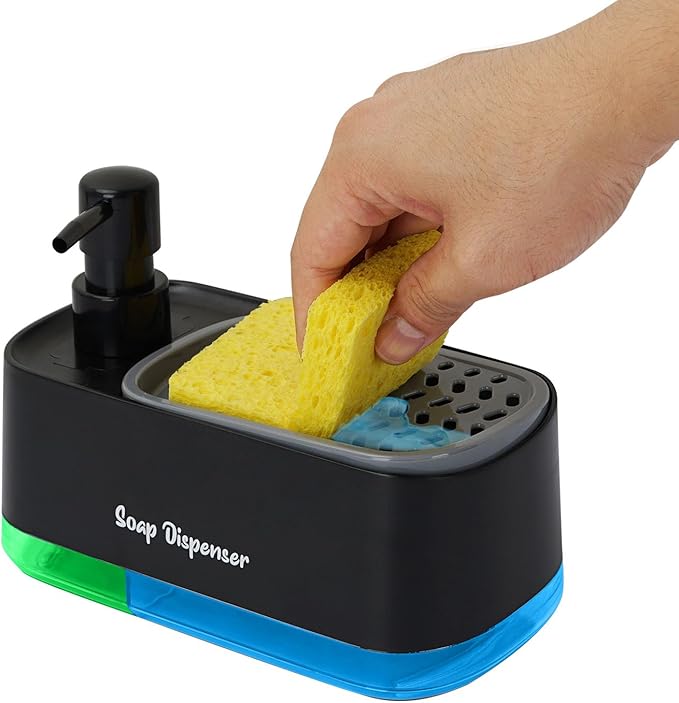 موزع صابون 2 فى 1 يدوى مع حامل إسفنجة مدمج بقاعدة اكليريك للمطبخ