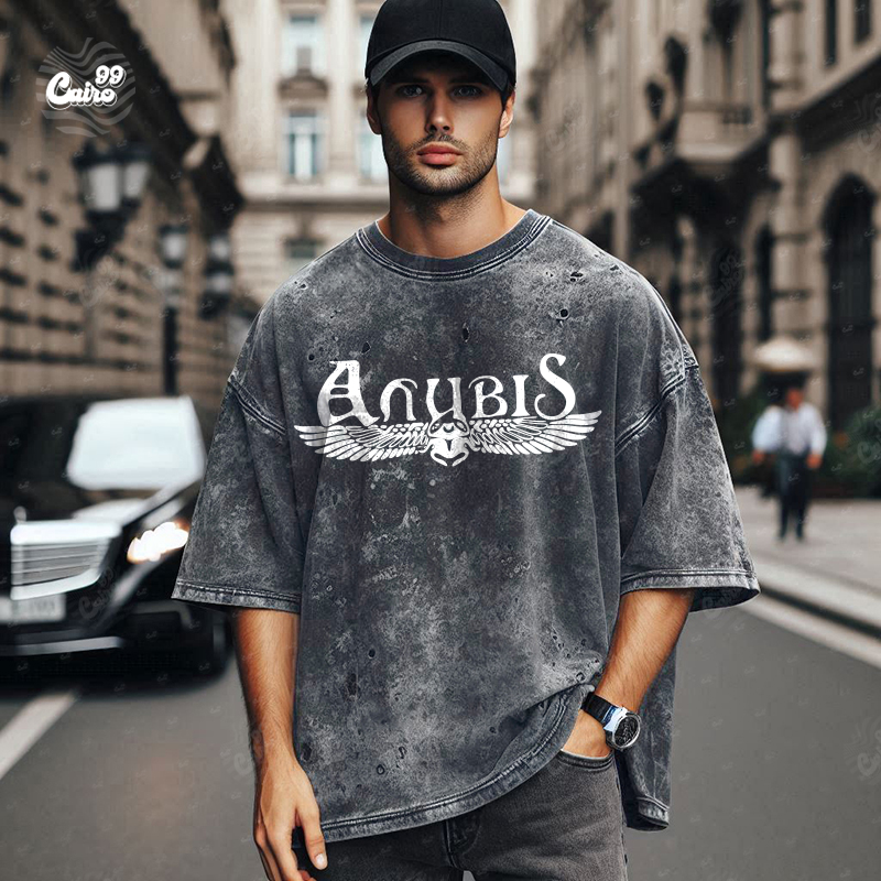 Anubis Wings تيشيرت اوفر سايز قطن باللون الرمادي للرجال