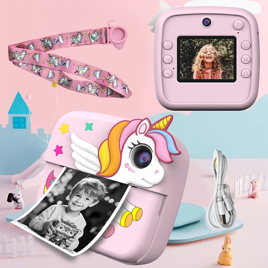 كاميرا تصوير فيديو وطباعه فورية بتصميم يونيكورن بشاشة اتش دى مع موسيقى و  العاب