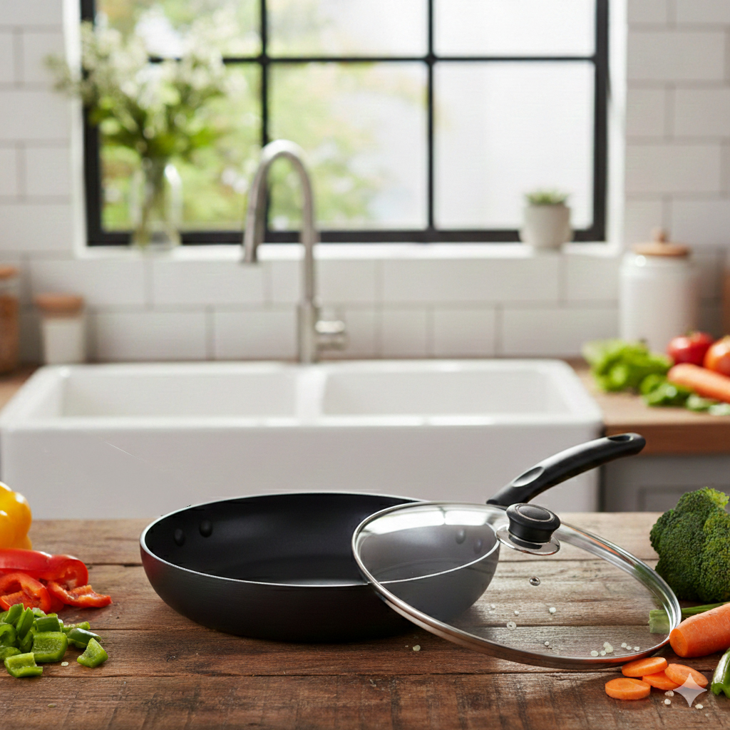 طاسة تيفلون بغطاء زجاجي بمقبض لسهولة الحمل - مقاس 30 سم