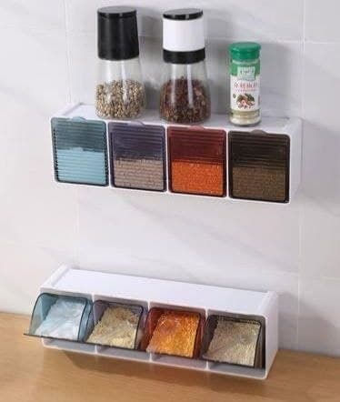 رف توابل حائط 4 قطع مزود بمعالق لزق دبل فيس قوي