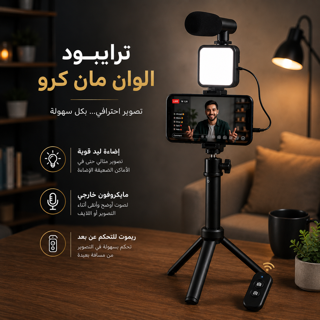 ترايبود وهولدر للموبايل مع رينج لايت وميكروفون وريموت للتحكم عن بعد للفيديو ميكرز