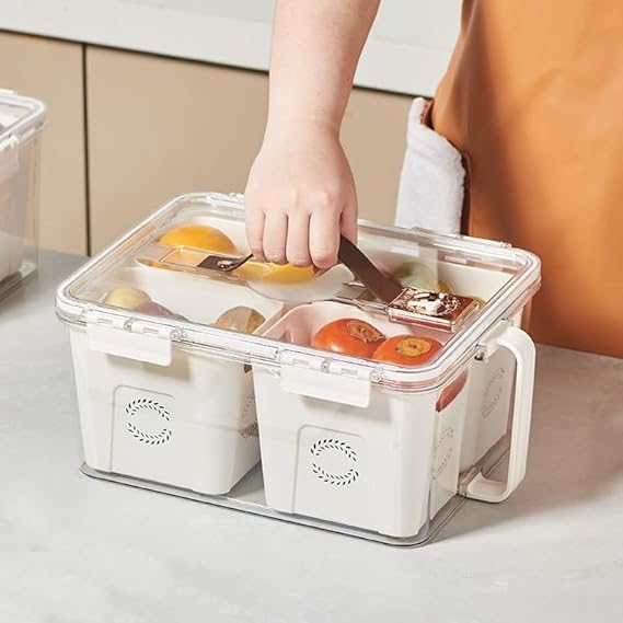 علبة ومنظم تلاجة اكريليك بمقبض وغطاء بتايمر لضبط وقت التخزين مقسمة ل 4 خانات بسعة 7 لتر