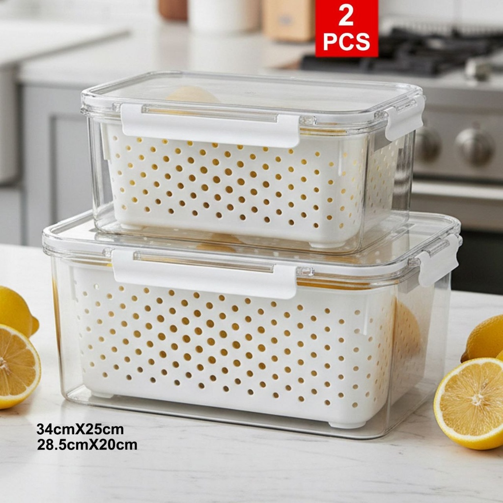طقم علب تلاجة اكريليك بغطاء محكم الغلق بمصفاة منفصلة  وفتحات تهوية لحفظ الخضروات والفواكه قطعتين