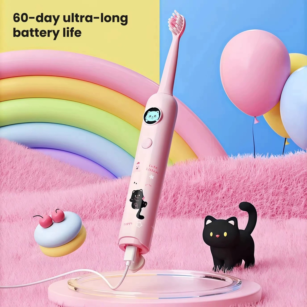 فرشة أسنان كهربائية للأطفال بتصميم كرتوني و 4 رؤوس قابلة للتبديل وخمسة أوضاع للتنظيف