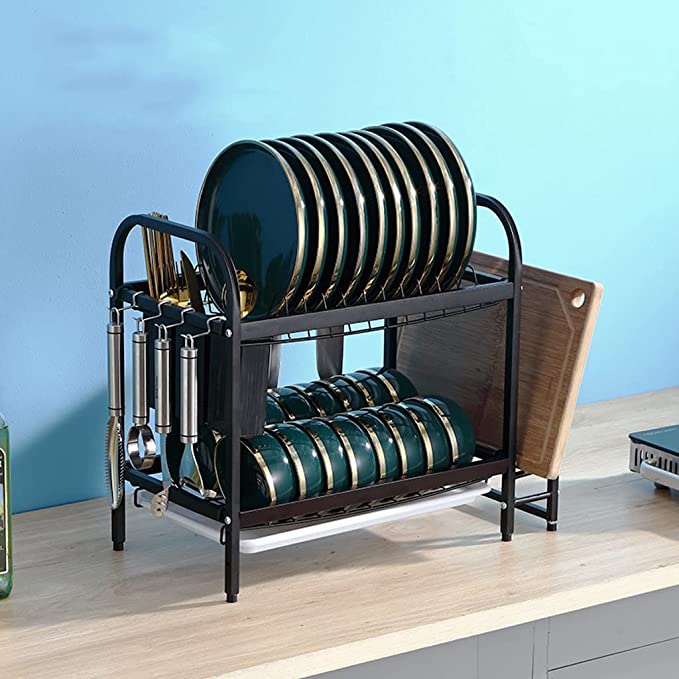 مطبقية استانليس ستيل ٢ رف بحوامل وعليقات جانبية للشوك والسكاكين وألواح التقطيع