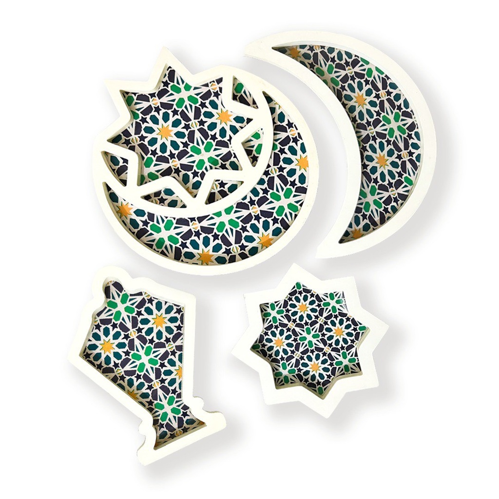 طقم صواني رمضان 4 قطع هلال وفانوس ونجمة لتقديم العصائر والمكسرات للضيوف
