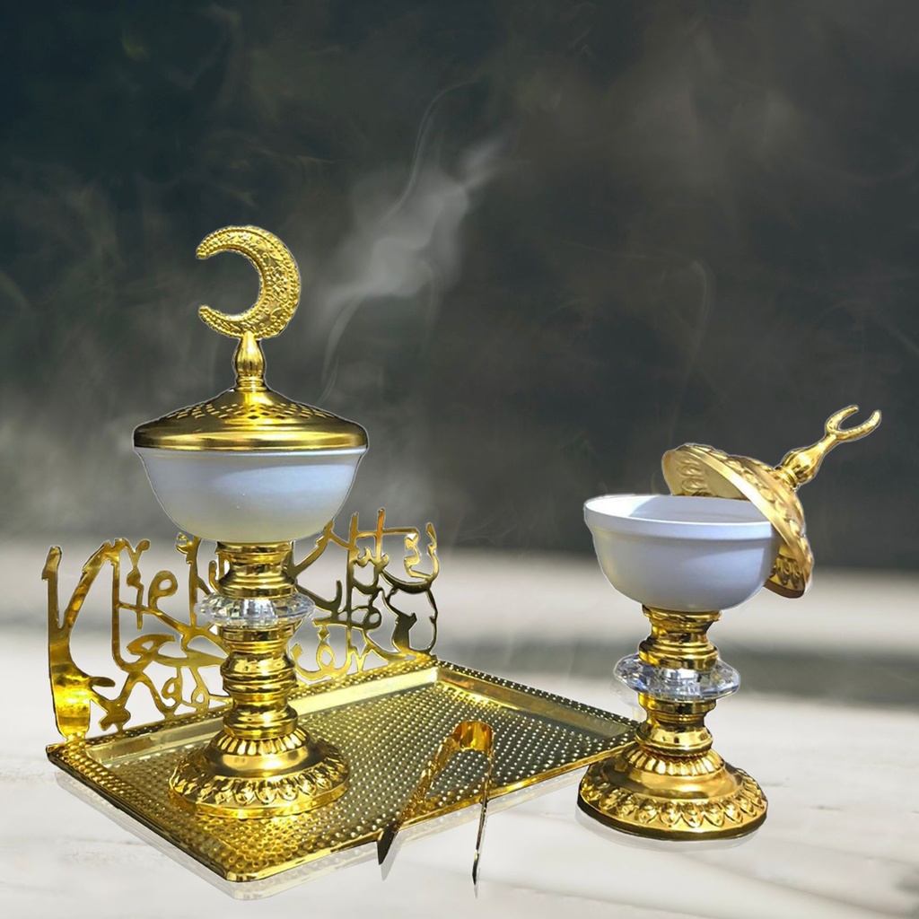 مبخرة ذهبي بصينية خط عربي 4 قطع لتعطير الجو