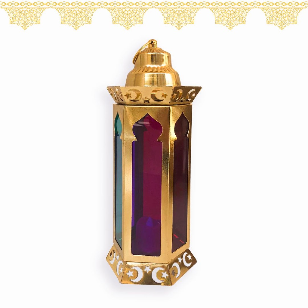 فانوس رمضاني ذهبي مضيئ بزجاج ملون لاجواء رمضانية