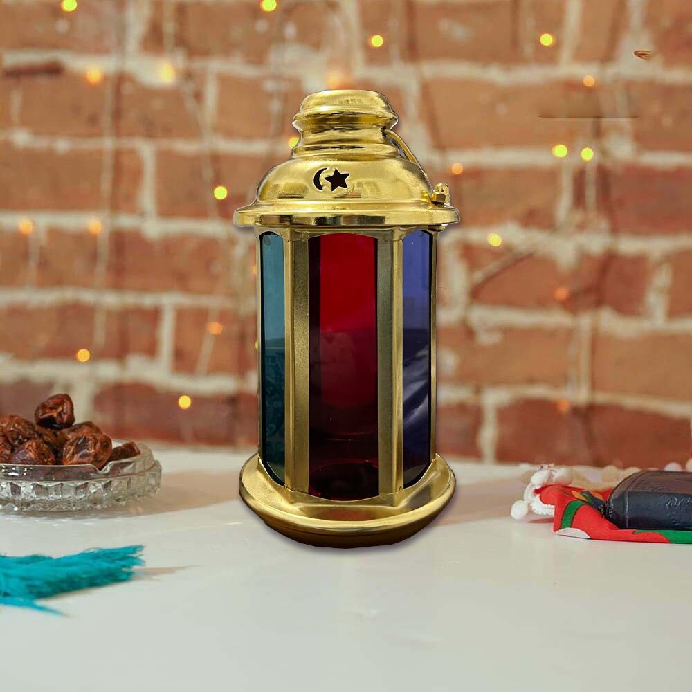 فانوس ياسمينا ذهبي شمعة بابواب زجاجية ملونة