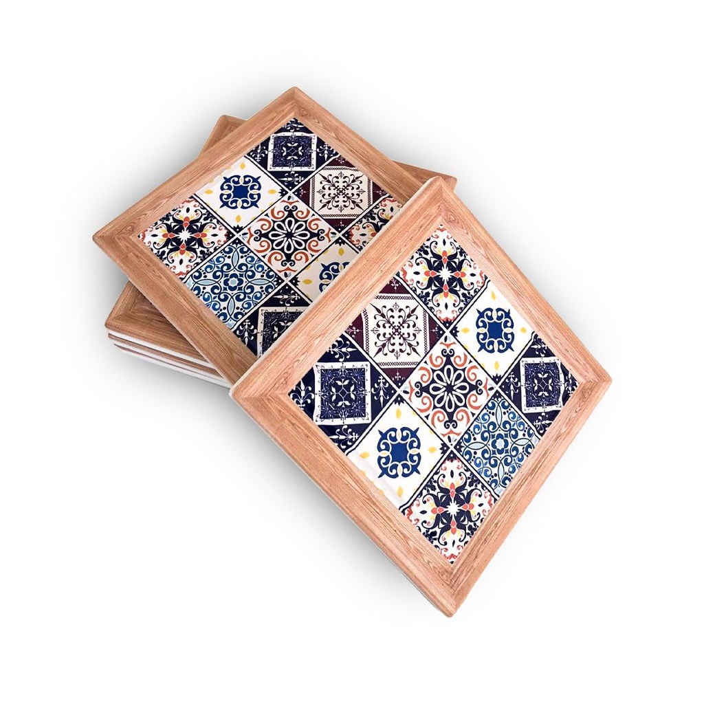 كوستر اكواب سيراميك مربع اشكال مانديلا مختلفة بإطار خشبي