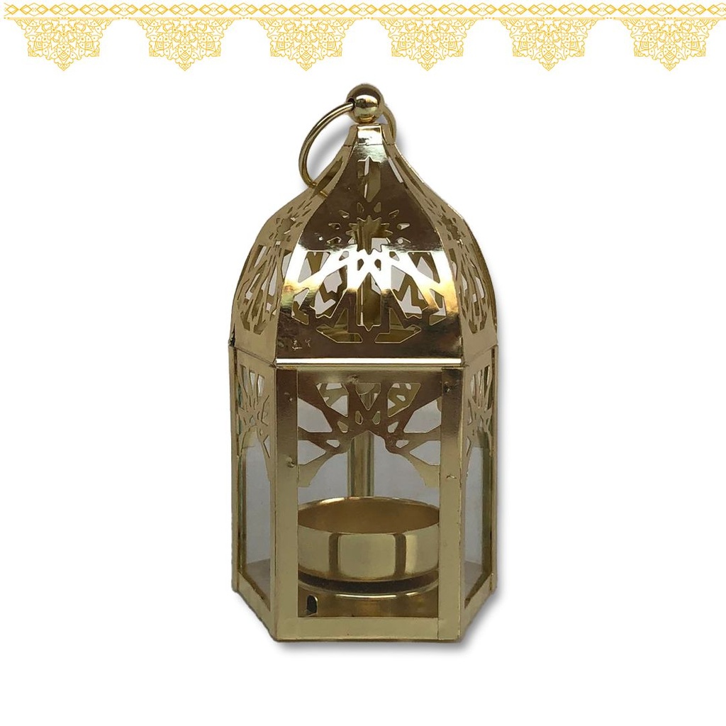 فانوس رمضان شمعة ذهبي مزخرف بزجاج شفاف