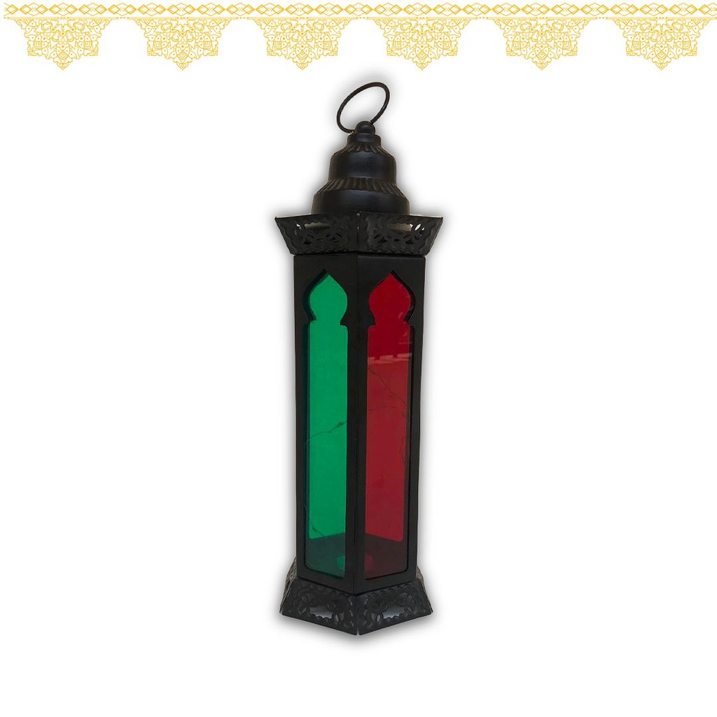 فانوس رمضان مضيئ اسود مزخرف مع زجاج ملون
