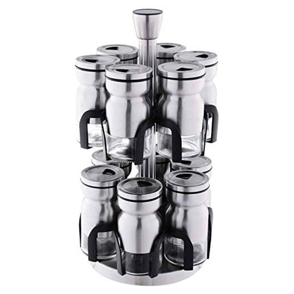 طقم توابل دوار 12 قطعة من الزجاج والاستانليس ستيل