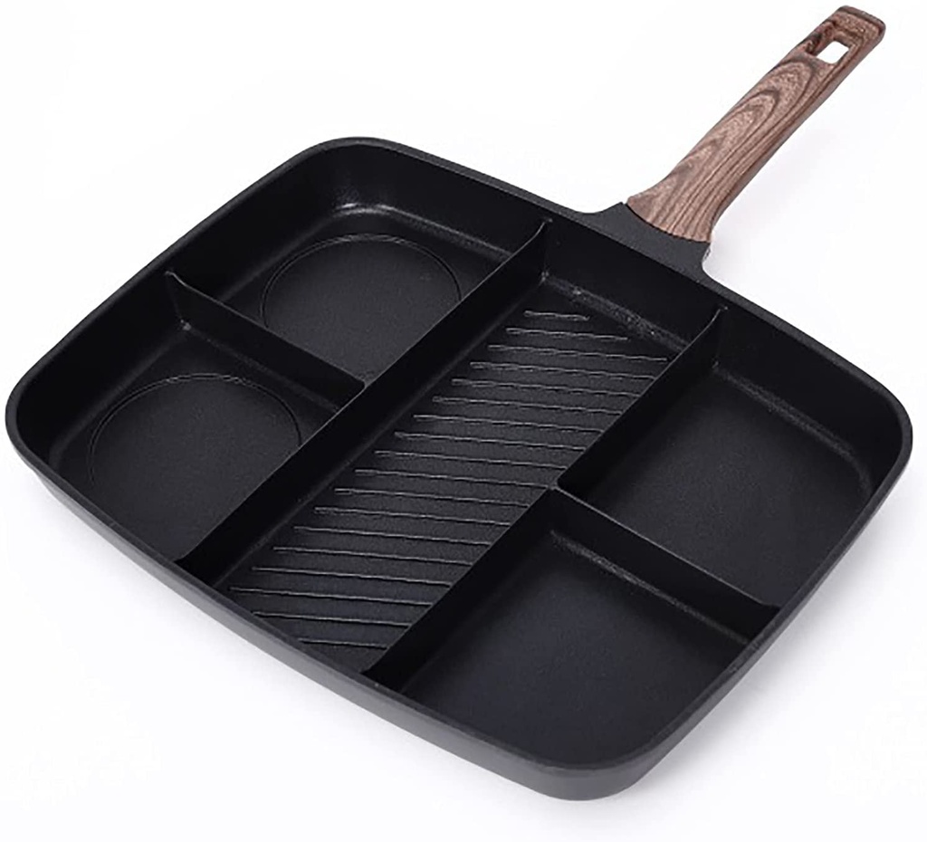 طاسة وجريل الومنيوم طبقة جرانيت 5 أقسام ثقيلة بمقبض خشبي لقلي البيض والبرجر وشرائح اللحم