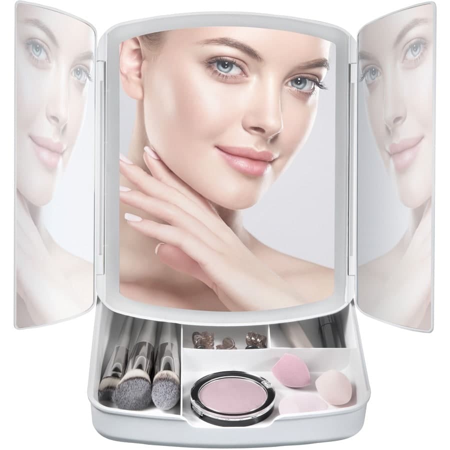 مرايا مضيئة قابلة للطي مع درج مقسم لتنظيم الميكب ب 3 درجات إضاءة مختلفة