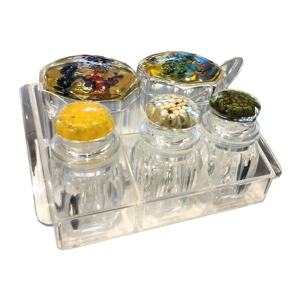 طقم توابل وملاحات اكليريك 5 قطع بغطاء مع معالق