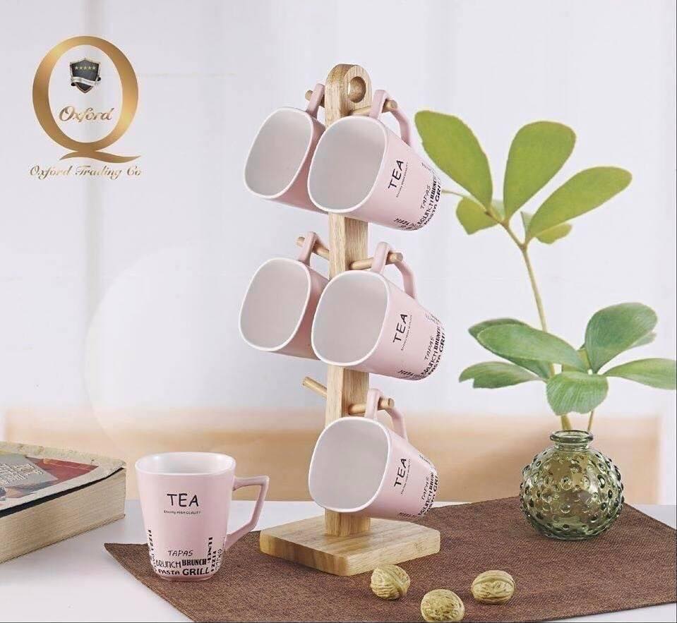 طقم مجات شاي من البورسلين 6 قطع مع استاند وحامل خشبي