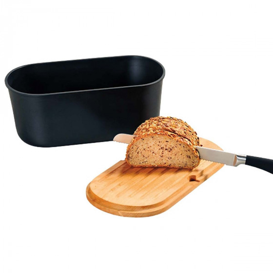 صندوق لحفظ الخبز مع لوح تقطيع من الخشب