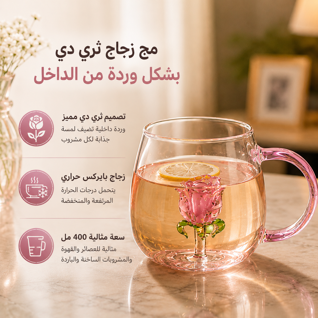 مج زجاج ثري دي بشكل وردة من الداخل مناسب لشرب العصائر والاتية 400 ملي