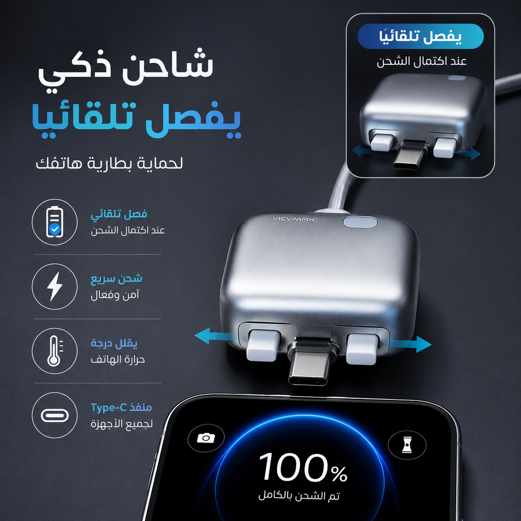 شاحن تايب سي بخاصية الفصل التلقائي لحماية بطارية الهاتف من الشحن الزائد