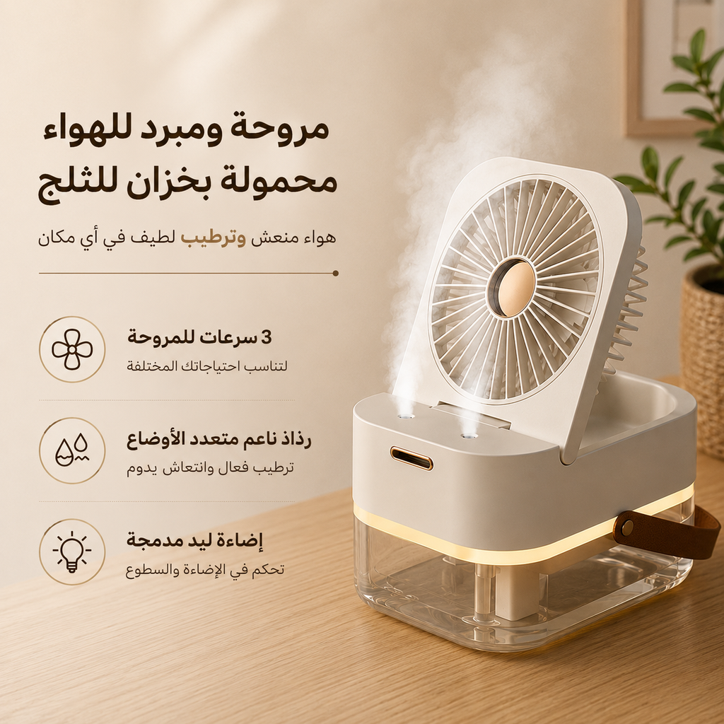 مروحة ومبرد للهواء محمولة بخزان للثلج مع رذاذ مزدوج وإضاءة ليد للمكتب قابلة لإعادة الشحن