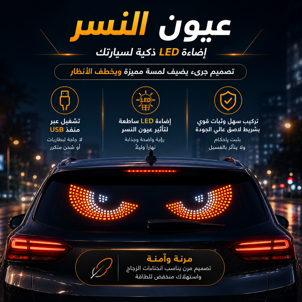 شاشة ليد منفصلة مرنة لتزيين الزجاج الخلفي للسيارة بتصميم عيون النسر بمنفذ يو اس بي