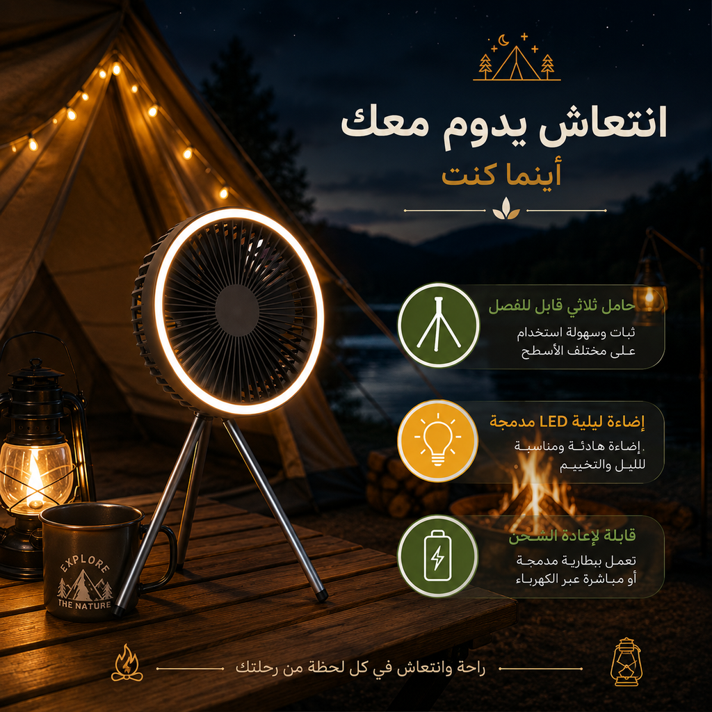 مروحة صغيرة محمولة مع حامل ثلاثي وإضاءة ليد وهوك للتعليق قابلة للشحن بيو اس بي