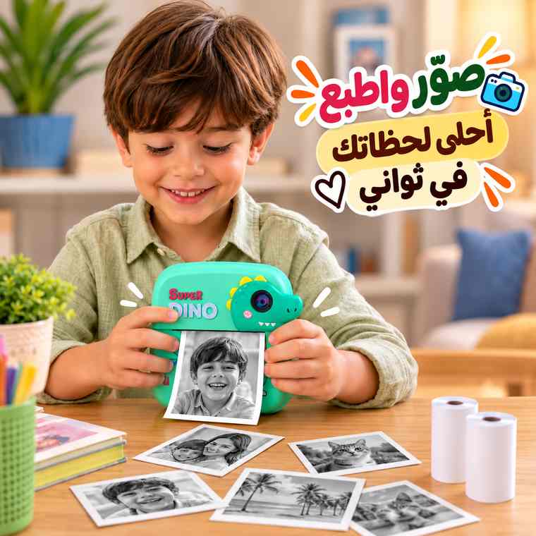 كاميرا تصوير بتصميم ديناصور بطباعة فورية حرارية مع شاشة اتش دي مع موسيقى و العاب.