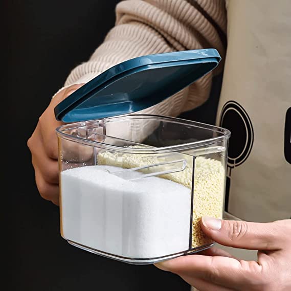 علبة حفظ التوابل والشاي والسكر بغطاء مقسمة قسمين مزودة بالمعالق