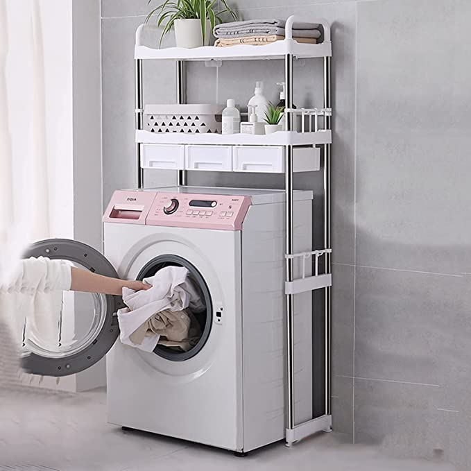 استاند منظم وحامل ادوات الحمام فوق الغسالة والتواليت 2 رف مع  3 ادراج متعدد الاستخدام