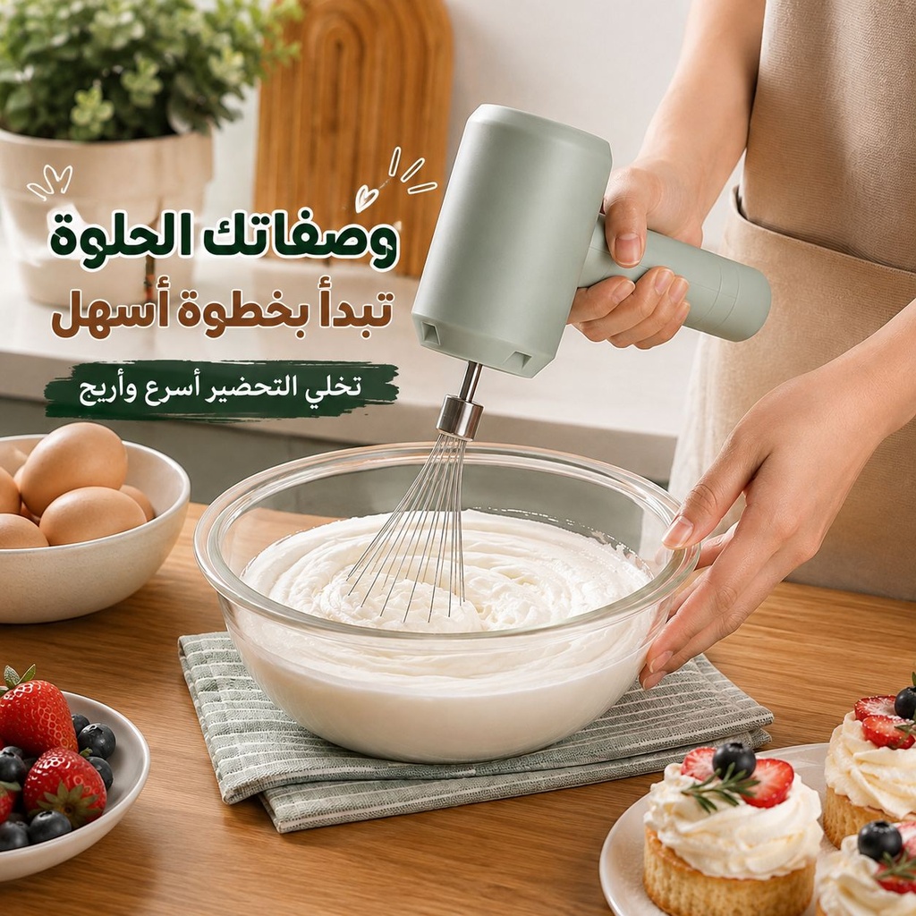 مضرب كهربائي لاسلكي لخلط وخفق البيض والكريمة والكيك قابل للشحن بيو اس بي
