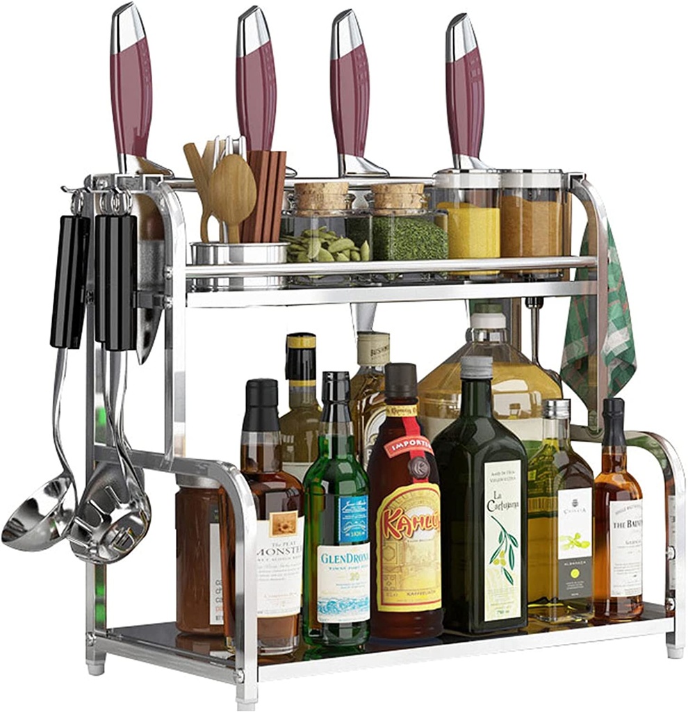 استاند منظم للتوابل استانلس ستيل 2 دور بعليقات جانبية للشوك والسكاكين