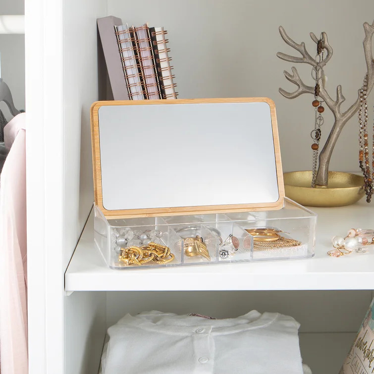 منظم اكليريك 2 دور مقسم لتنظيم الخواتم والحلقان والسلاسل بغطاء خشبي بمرايا