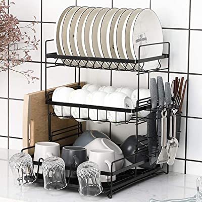 مطبقية 3 رف لتنظيم وتجفيف الاواني والاطباق بحامل للشوك والسكاكين وهوكات للاكواب معدن غير قابل للصدأ